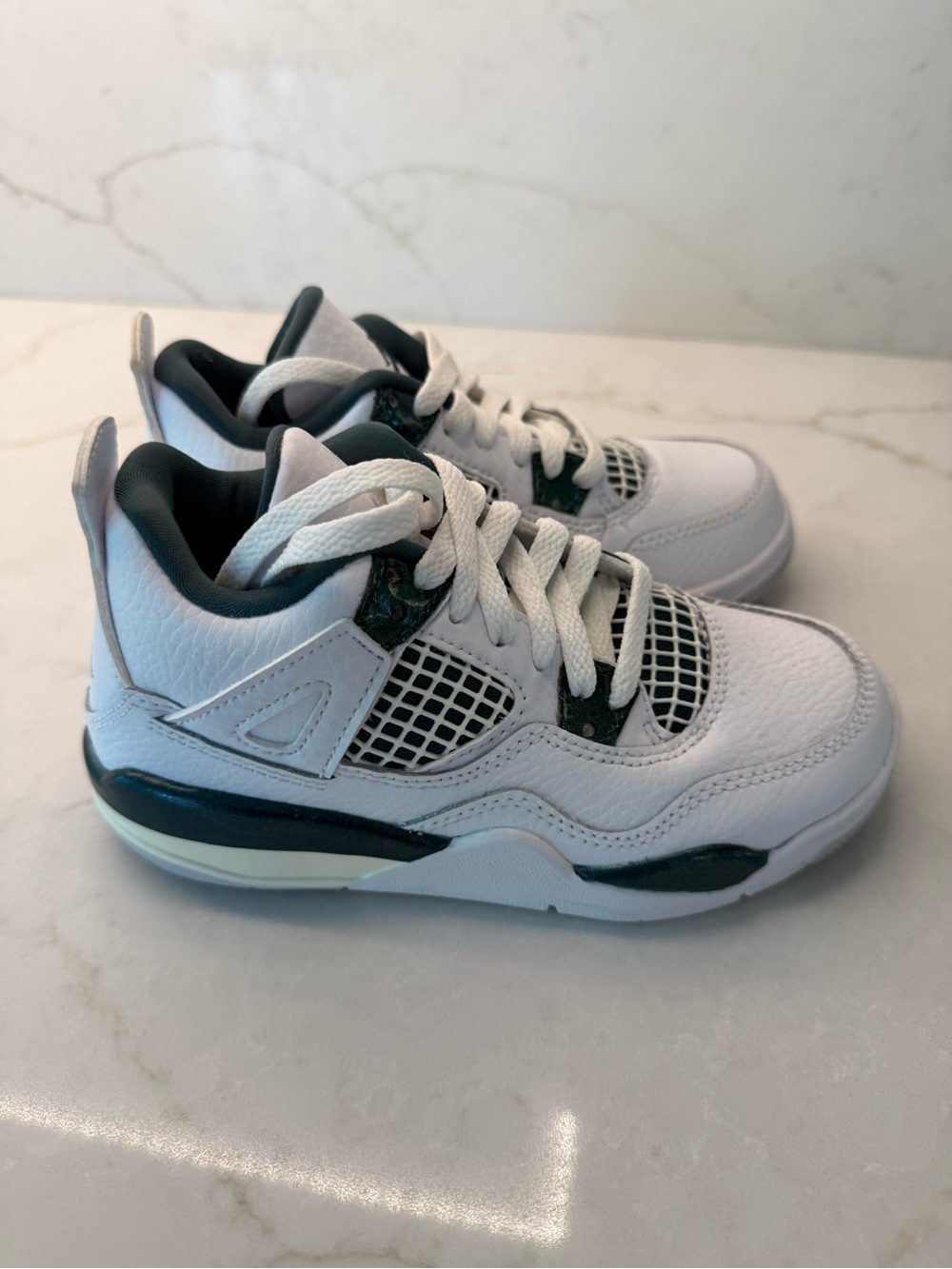 Kids White and Dark Green Jordan Sneaker